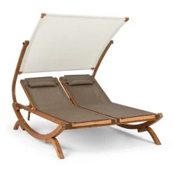 Sonnendeck Doppel-Sonnenliege Verstellbares Sonnendach Kopfkissen Weiß