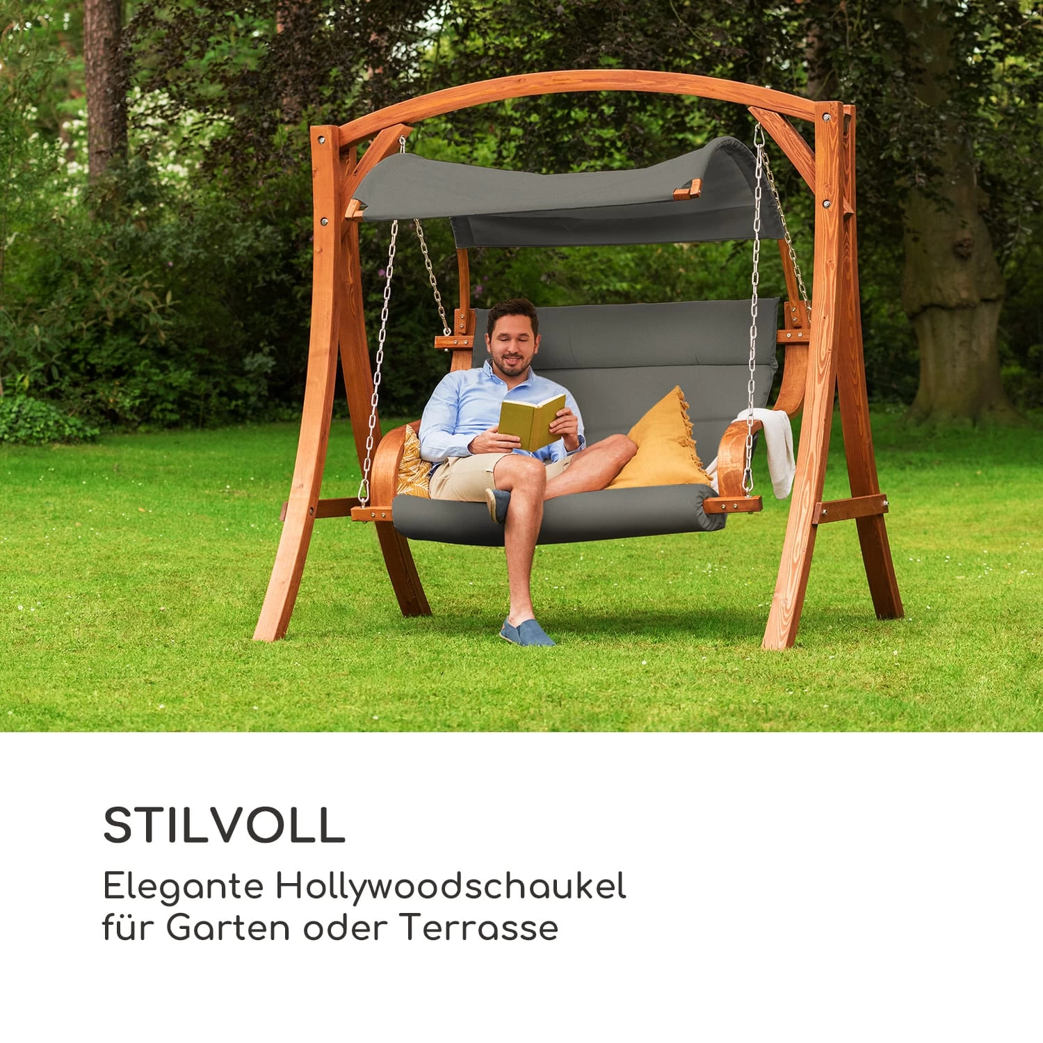 Maui Hollywoodschaukel 110 Cm 2-Sitzer Massivholz Polyester Dunkelgrau 4 Maui Hollywoodschaukel 110 Cm 2-Sitzer Massivholz Polyester Dunkelgrau – Bild 2